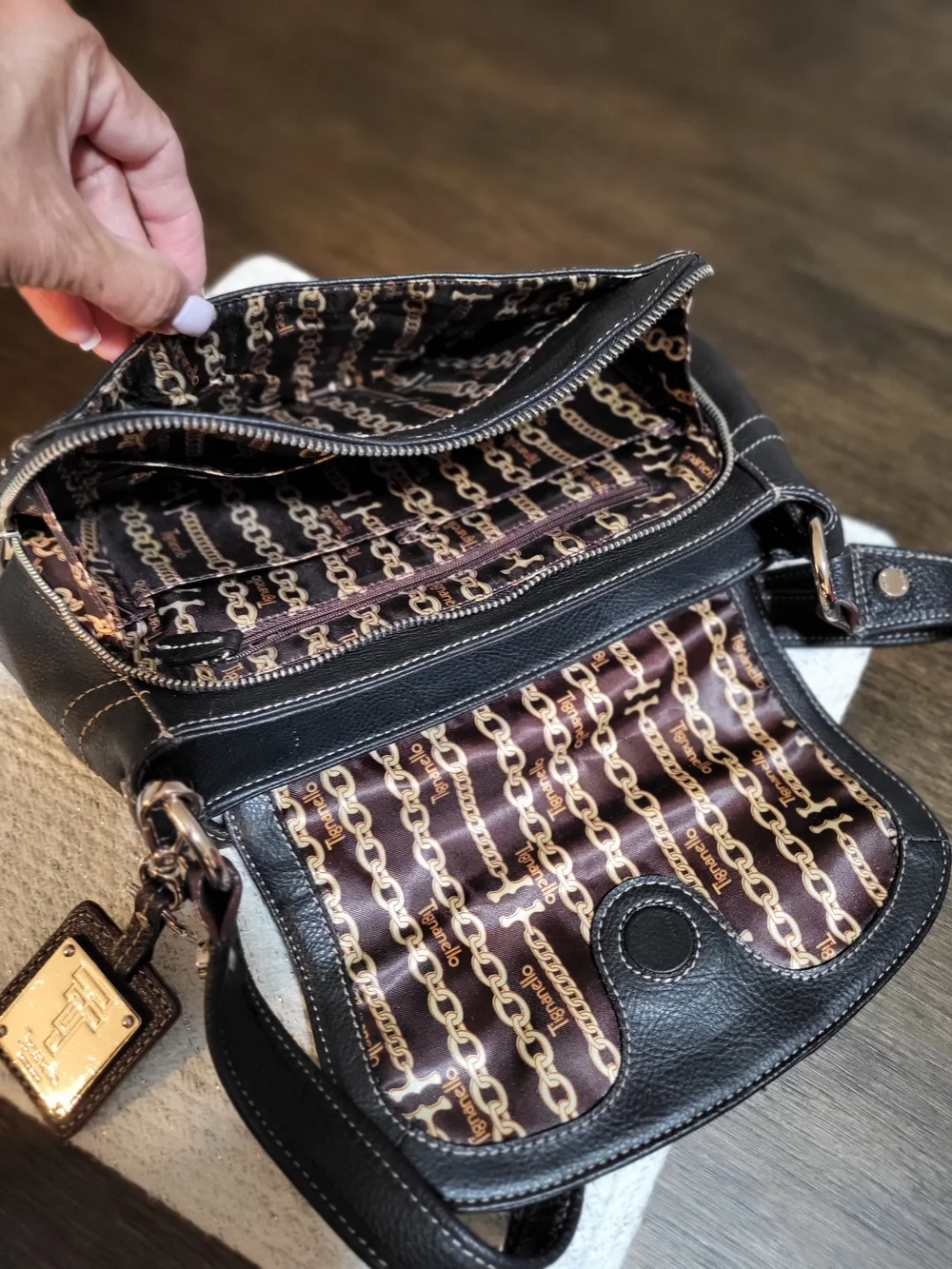 Tignanello Black Leather Crossbody with Gold Hardware